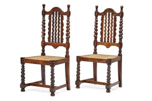 A pair of South African stinkwood and bone-inlaid side chairs, 20th century