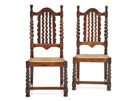 A pair of South African stinkwood and bone-inlaid side chairs, 20th century