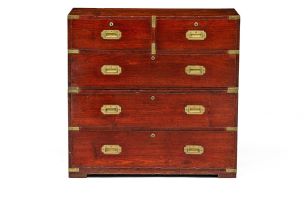 A Victorian mahogany and brass-bound military chest-on-chest