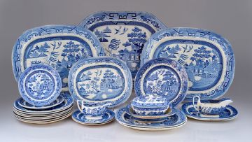 An assembled Staffordshire blue and white transfer-printed part dinner service, 19th century