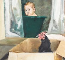 Clare Menck; Bathroom Interior with Baby and Hen I