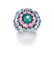 Diamond, emerald, tourmaline, aquamarine and sapphire dress ring, 1960s