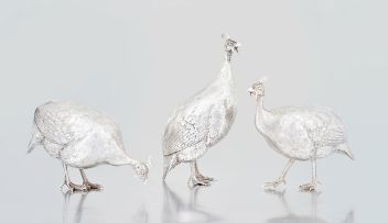 A set of three Zimbabwean silver helmeted guinea fowl, Patrick Mavros, 1993