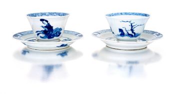 Two Chinese blue and white tea bowls and saucers, Qing Dynasty, 18th century