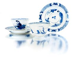 Two Chinese blue and white tea bowls and saucers, Qing Dynasty, 18th century