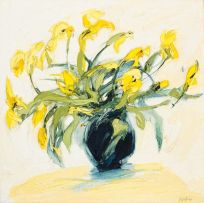 Aileen Lipkin; Vase of Yellow Irises and Tulips
