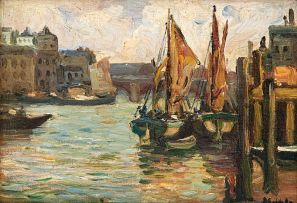 Hugo Naudé; Boats Alongside a Wharf