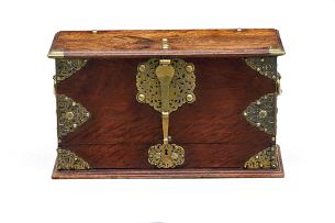 A Colonial teak and satinwood brass-mounted kist, late 18th/early19th century