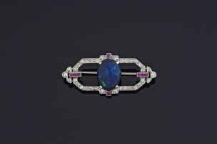 Art Deco black opal, diamond and ruby brooch