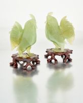A pair of Chinese jade cockerels, 20th century