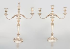 A pair of electroplate three-light candelabra, Mappin & Webb Ltd, 20th century