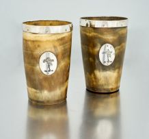 *A pair of Victorian silver-plate-mounted horn beakers