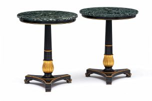 A pair of ebonised and parcel-gilt marble-topped tables, 20th century