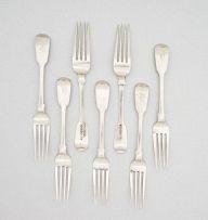 Seven Cape silver Fiddle Pattern dessert forks, Johannes Combrink, first half 19th century