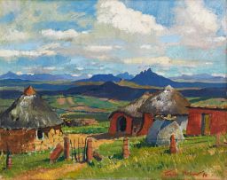 Terence McCaw; Basotho Village with Distant Mountains