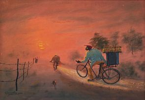 John Koenakeefe Mohl; Cyclists, on a sunset journey, along a country road, near Pochefstroom (S.A.)