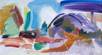 Ivon Hitchens; Landscape with a caravan and apple trees