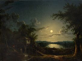 Sebastian Pether; A Watermill beside a Lake in the Moonlight