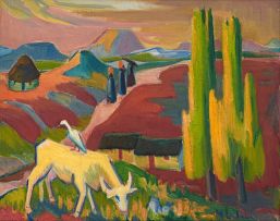 Maggie Laubser; Landscape with Cow, Trees, Huts and Figures
