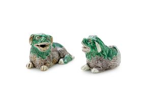 A pair of Chinese green- and aubergine-glazed dog-of-fo night lights, Qing Dynasty, late 18th/early 19th century