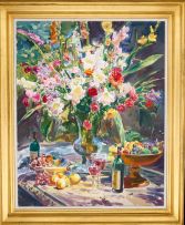 Gerhard Batha; Still Life with Fruit, Wine and Flowers