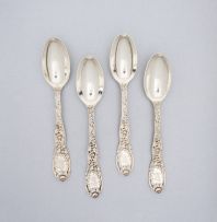 Four American 'Indian Chrysanthemum' pattern sterling silver tablespoons, Tiffany & Co, designed by Charles Grosjean, patented 12 September 1880
