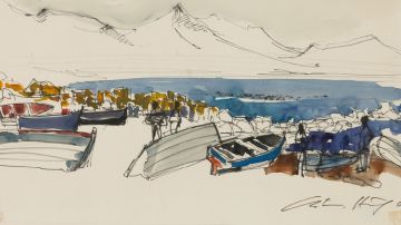 Christine von Huetz-Davisson; Boats on a Beach, Mountains Beyond
