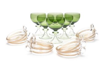 A set of six green and clear glass goblets