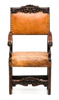 A walnut and leather armchair, possibly Italian, 19th century