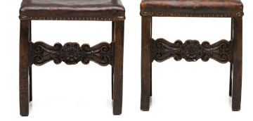 Three Italian walnut and leather upholstered side chairs, 19th century