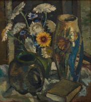 Piet van Heerden; Still Life with Flowers, Vases and a Book