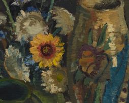 Piet van Heerden; Still Life with Flowers, Vases and a Book