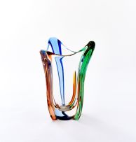 A green, blue, amber, red and clear glass vase, possibly Czechoslovakian, modern