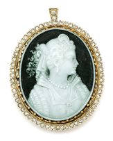 Diamond and chalcedony cameo pendant/brooch, late 19th/early 20th century