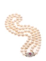Double-strand pearl, ruby and diamond necklace