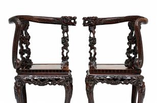 A pair of Chinese hardwood corner chairs, late 19th/early 20th century