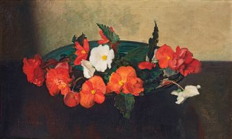 Frans Oerder; A Vase of Hibiscus, Dog-rose and Cyclamen