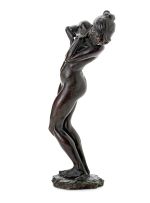 A bronze figure of a maiden viewing a frog, late 19th/early 20th century