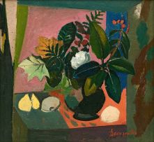 Pranas Domsaitis; Still Life with Leaves and Fruit