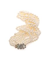 Five-strand pearl and diamond necklace