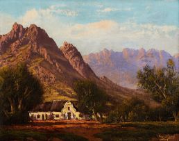 Tinus de Jongh; Cape Cottage in a Mountainous Landscape