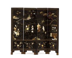 An Oriental hardstone, lacquer and black-painted four-fold screen, early 20th century