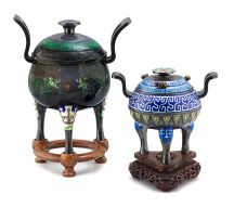 A Chinese silver and enamel tripod incense burner and cover, early 20th century