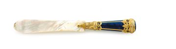 A mother-of-pearl, lapis lazuli gilt and gold paper knife, retailed by Hancock, 39 Bruton Street, 1851-1869