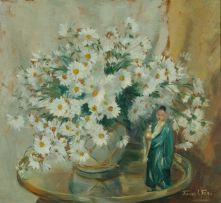 Emily Isabel Fern; Still Life with Daisies and an Oriental Figurine