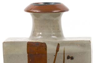 Tim Morris; An elongated slab-built glazed stoneware vase, with bamboo motif