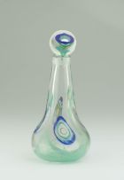 A Shirley Cloete green, purple, amber and blue clear glass decanter and stopper