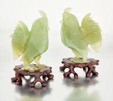 A pair of Chinese jade cockerels, 20th century
