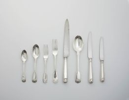 An assembled set of mixed Fiddle pattern silver flatware, various makers, London, 1813 - 1901