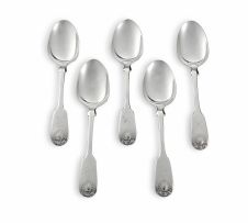 Five Cape silver Fiddle and Shell pattern dessert spoons, Lawrence Holme Twentyman, first half 19th century